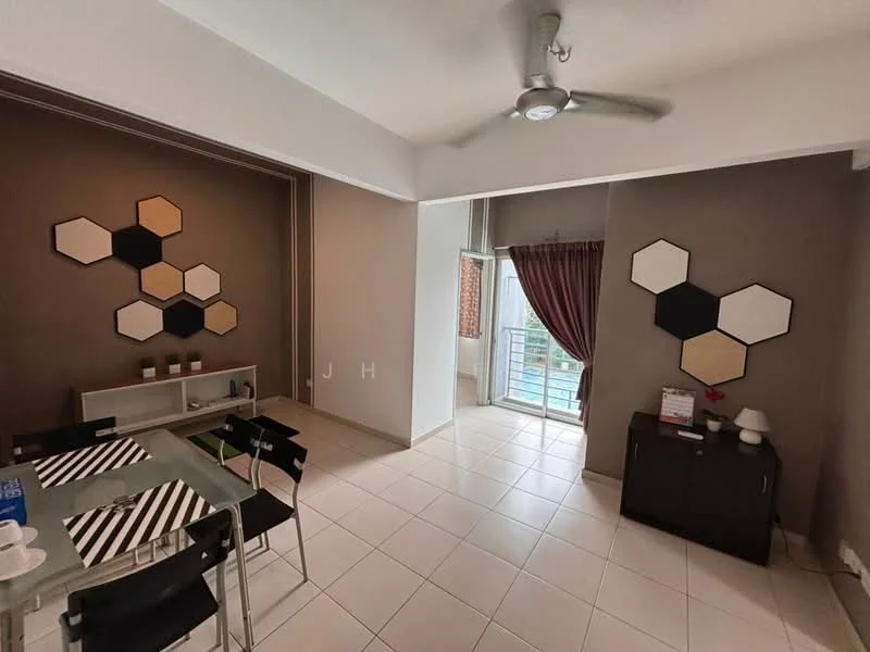 Living features: white painted walls, grey accent wall, hexagonal wall decor, ceiling fan, sliding glass door, curtains, tile flooring, dining table with black chairs, sideboard, decorative items on sideboard; style: modern; view: pool.