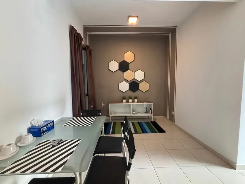 Dining features: glass dining table, 4 black dining chairs, striped table placemats, decorative wall with hexagonal patterns, grey accent wall, white sideboard, area rug with geometric pattern, tile flooring, curtains in dark brown, recessed ceiling light; style: modern.
