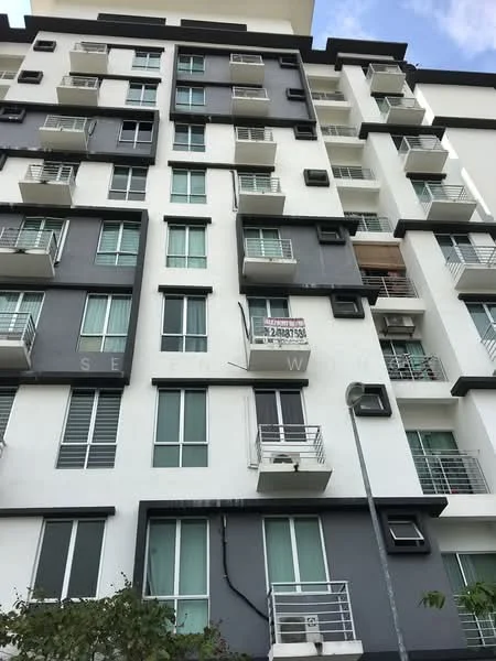 Exterior type: mid-rise condominium; features: white painted facade, grey accent panels, balconies with glass railings, multiple air conditioning units, floor-to-ceiling windows, signage visible on facade, street lamp in foreground; style: modern.