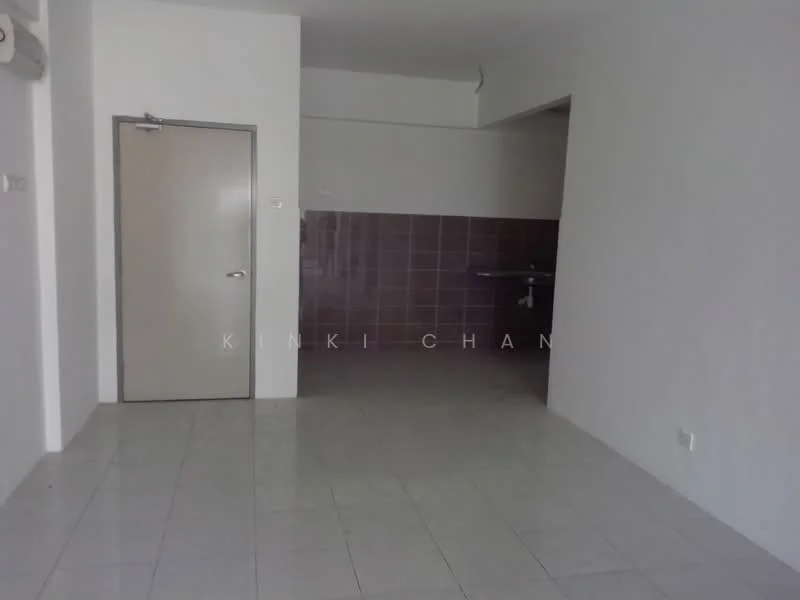 Room features: white painted walls, grey tiled flooring, single door, wall-mounted split AC, kitchen area with purple tiled backsplash, sink, open layout.
