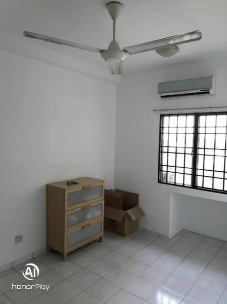 Room features: white painted walls, tile flooring, ceiling fan, 1 wall-mounted split AC, window with grid pattern, wooden dresser with drawers, cardboard boxes.