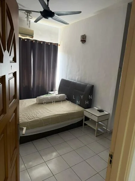 Bedroom features: queen-size bed, upholstered headboard, white bedding, nightstand with drawer, floor-to-ceiling curtains in dark color, ceiling fan, wall-mounted air conditioning unit, white tiled flooring, decorative wall sconce; style: modern.