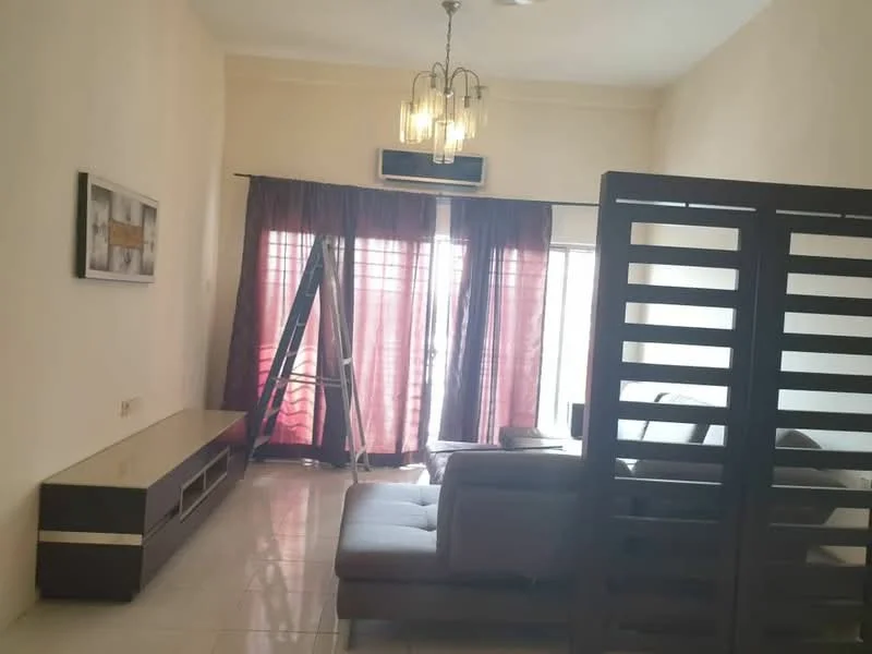 Living features: grey leather sofa, coffee table, TV console, floor-to-ceiling windows, sheer curtains, dark wood partition, chandelier, recessed downlights, white painted walls, glossy tile flooring, air conditioning unit; style: modern.