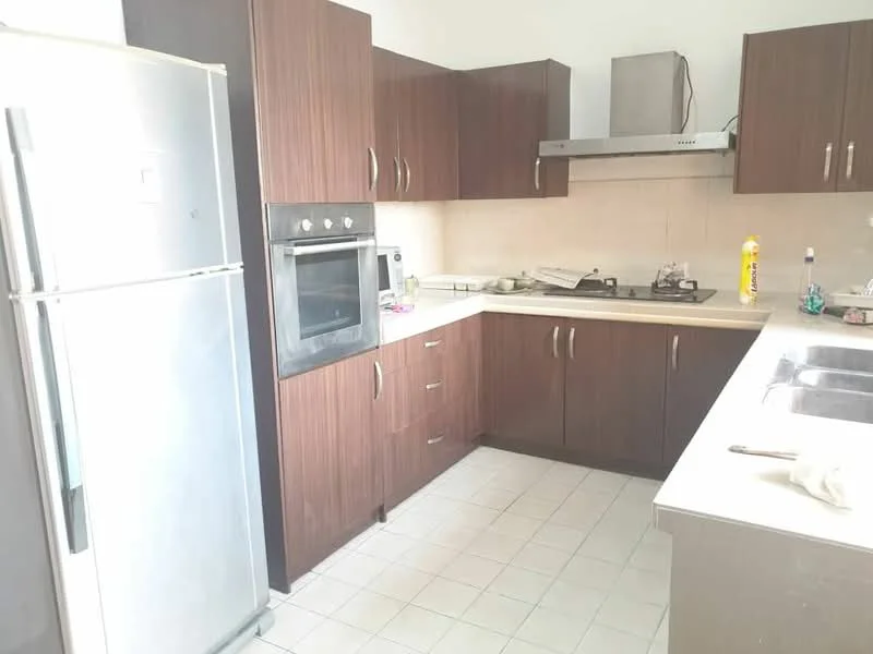 Kitchen features: stainless-steel fridge, built-in oven, freestanding gas range oven, stainless-steel range hood, laminate countertop, dark wood cabinetry, double-bowl stainless-steel sink, tile flooring, light-colored wall tiles, kitchen backsplash, under-cabinet lighting; style: modern.