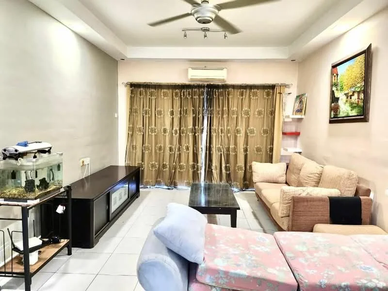 Living features: cream painted walls, white ceiling, 5-blade ceiling fan with light, floor-to-ceiling curtains, light brown sofa, pink floral patterned sofa, wooden coffee table, black TV console, fish tank, decorative artwork on wall, tile flooring; style: modern.
