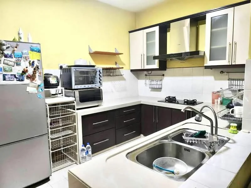Kitchen features: stainless-steel sink, chrome pull-down faucet, granite countertop, white cabinetry with glass-front upper cabinets, black lower cabinets, built-in oven, freestanding range oven, microwave, open shelving, tile backsplash, refrigerator, dish rack, 2-burner gas hob, wall-mounted exhaust hood; style: modern.
