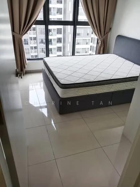 Bedroom features: queen-size bed, grey upholstered bed frame, large window with city view, floor-to-ceiling windows, sheer curtains, white painted walls, glossy ceramic tile flooring, built-in wardrobe; style: modern; view: city.