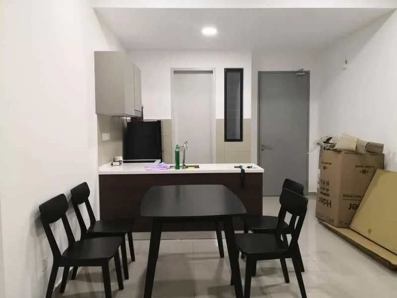 Kitchen features: white painted walls, tile flooring, kitchen cabinets in light grey, black countertop, stainless-steel sink, single-bowl stainless-steel sink, chrome pull-down faucet, built-in oven, refrigerator, dining table with black finish, six black dining chairs; style: modern.