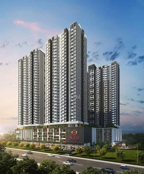 Exterior type: high-rise condominium; features: glass curtain wall, white painted facade, recessed balconies, multiple storeys, landscaped garden at base, street-level retail spaces, surrounded by greenery, modern architectural design; style: modern.