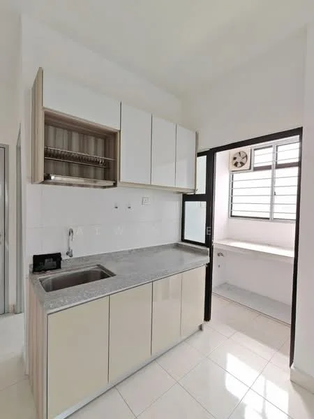 Kitchen features: single-bowl stainless-steel sink, chrome pull-down faucet, grey granite countertop, white upper cabinets with glass shelves, beige lower cabinets, white tiled backsplash, ceramic tile flooring, window with horizontal slats, wall-mounted air conditioning unit, open shelving above sink; style: modern.