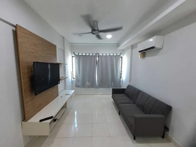 Living features: grey fabric 3-seater sofa, wall-mounted TV, light wood feature wall, white TV console, white tiled flooring, recessed ceiling lights, ceiling fan, floor-to-ceiling windows with sheer curtains, air conditioning unit; style: modern.