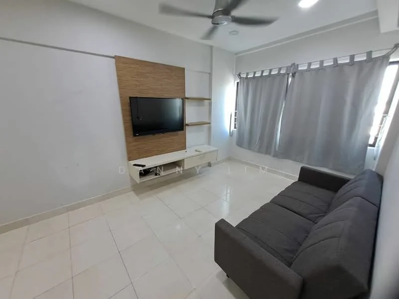 Living features: grey fabric sofa, wall-mounted TV, wooden TV console, light-colored wall, white ceiling, ceiling fan, large window with grey curtains, glossy tile flooring; style: modern.