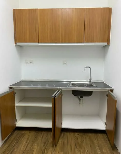 Kitchen features: stainless-steel sink, chrome faucet, laminate countertop, wooden upper cabinets, open shelving, lower cabinets with doors, white painted walls, wood laminate flooring; style: modern.