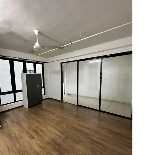 Room features: wooden flooring, white painted walls, ceiling fan, glass sliding doors, black-framed windows, open space layout, exposed ceiling, light fixtures; style: modern.