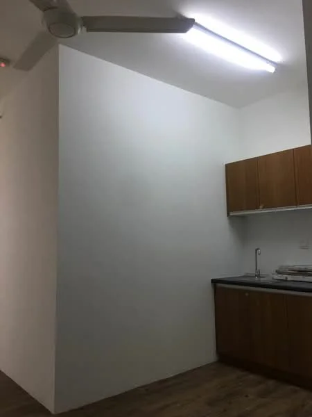 Kitchen features: white painted walls, laminate flooring, wood cabinetry, black countertop, single-bowl stainless-steel sink, chrome pull-down faucet, ceiling fan, fluorescent lighting; style: modern.