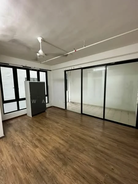 Room features: laminate flooring, white painted walls, ceiling fan, glass sliding doors, partition wall, natural light from windows, exposed ceiling, open layout; style: modern.