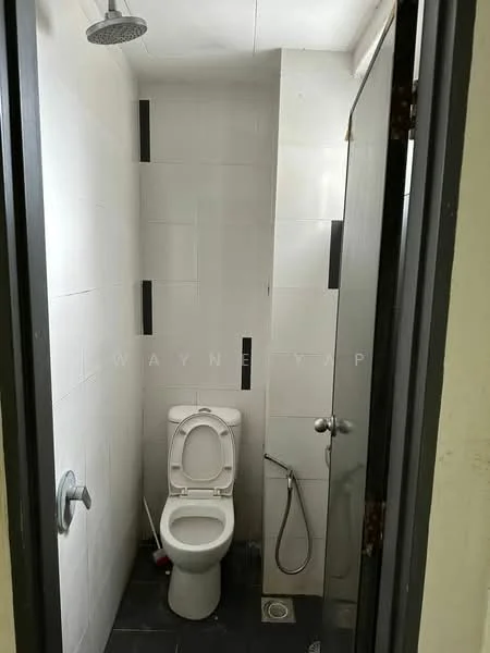 Bathroom features: white tiled walls, black accent tiles, black floor tiles, one-piece toilet, handheld shower, rain shower head, chrome faucet, shower area with glass partition; style: modern.