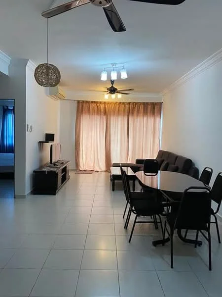 Living features: white painted walls, tile flooring, 5-blade ceiling fan with light, recessed downlights, large windows with sheer curtains, sofa with upholstered back, 6-seater dining table, TV console, wall-mounted TV, decorative pendant light; style: modern.