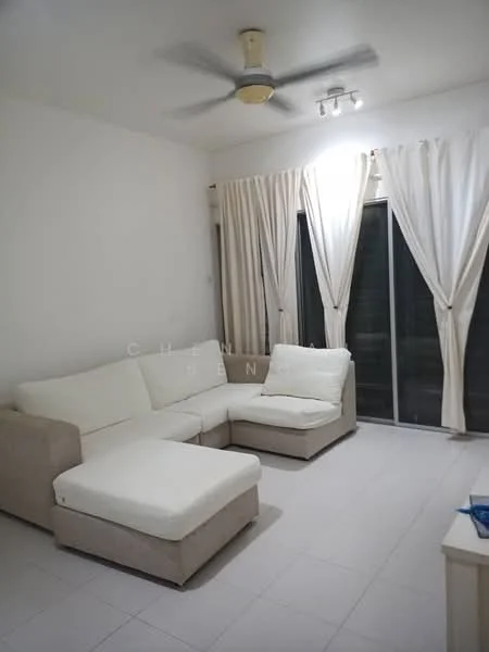 Living features: L-shape sectional sofa in beige, ottoman, white walls, ceiling fan with light, floor-to-ceiling windows, sheer curtains, tile flooring, recessed downlights, coffee table, decorative wall art; style: modern.