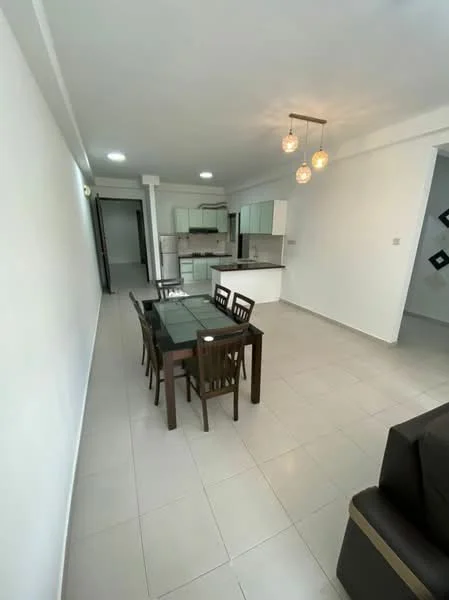 Dining features: 6-seater dining table with glass top, wooden dining chairs, pendant lighting with three bulbs, white painted walls, tile flooring, recessed ceiling lights, open layout to kitchen, neutral color scheme; style: modern. Kitchen features: L-shaped kitchen counter, white cabinetry, stainless-steel sink, built-in stove, tile backsplash, open layout to dining area; style: modern. Living features: sofa in dark color, coffee table, TV console, tile flooring, white painted walls, recessed ceiling lights; style: modern.
