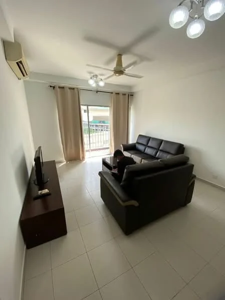 Living features: 3-seater leather sofa in black, coffee table, wall-mounted TV, TV console in wood, floor-to-ceiling sliding glass door, sheer curtains, white painted walls, tile flooring, ceiling fan, recessed downlights, balcony view; style: modern; view: garden.