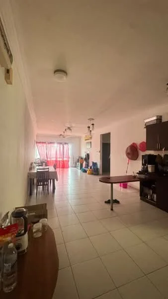 Room features: white painted walls, tile flooring, recessed ceiling lights, 2 ceiling fans, large windows with red curtains, wooden dining table, 4 dining chairs, kitchen cabinetry in dark wood, countertop appliances including kettle and coffee machine, water bottles on table, open layout, natural light from windows; style: modern.