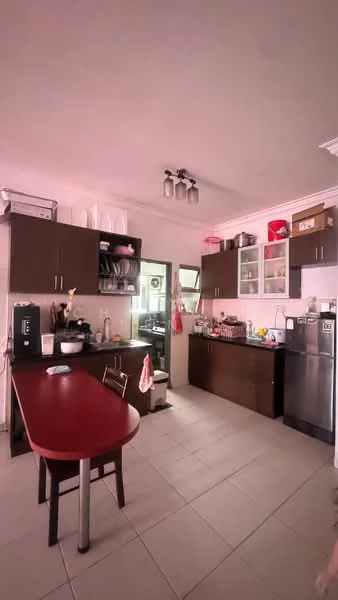 Kitchen features: brown wooden cabinetry, white countertop, stainless-steel fridge, built-in oven, 4-burner gas hob, single-bowl stainless-steel sink, chrome pull-down faucet, tile flooring, recessed ceiling lights, dining table with 4 chairs, glass cabinet doors, kitchen utensils on countertop; style: modern.