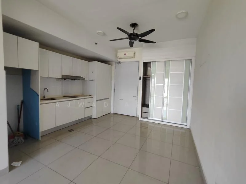 Kitchen features: white cabinetry, single-bowl stainless-steel sink, chrome pull-down faucet, built-in refrigerator, freestanding range oven, ceramic tile flooring, ceiling fan, recessed downlights, sliding glass door, wall-mounted air conditioning unit; style: modern.