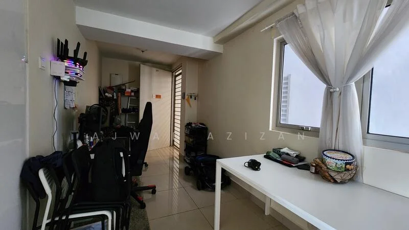 Room features: white painted walls, glossy tile flooring, large window with sheer curtains, white table, black office chairs, wall-mounted shelf, various personal items on the table, doorway leading to another room; style: modern.