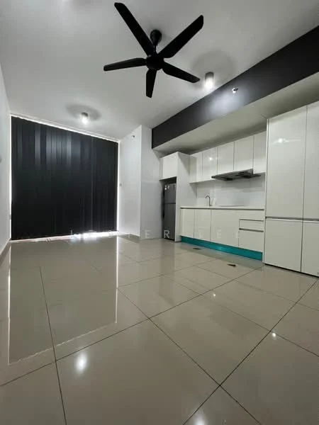 Kitchen features: white cabinetry, stainless-steel fridge, built-in oven, 4-burner gas hob, single-bowl stainless-steel sink, chrome pull-down faucet, grey wall with black accent, polished tile flooring, recessed downlights, 5-blade ceiling fan, floor-to-ceiling windows with black blinds; style: modern.