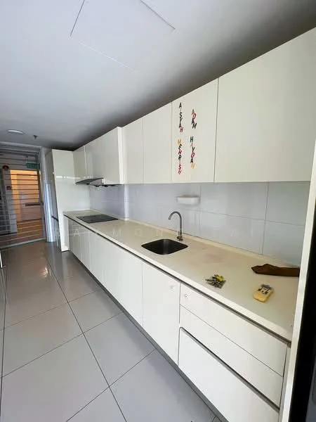 Kitchen features: white flat-panel cabinets, marble countertop, single-bowl stainless-steel sink, chrome pull-down faucet, built-in oven, stainless-steel range hood, ceramic tile flooring, white tiled backsplash, recessed downlights, open shelving, drawer storage, kitchen island; style: modern.