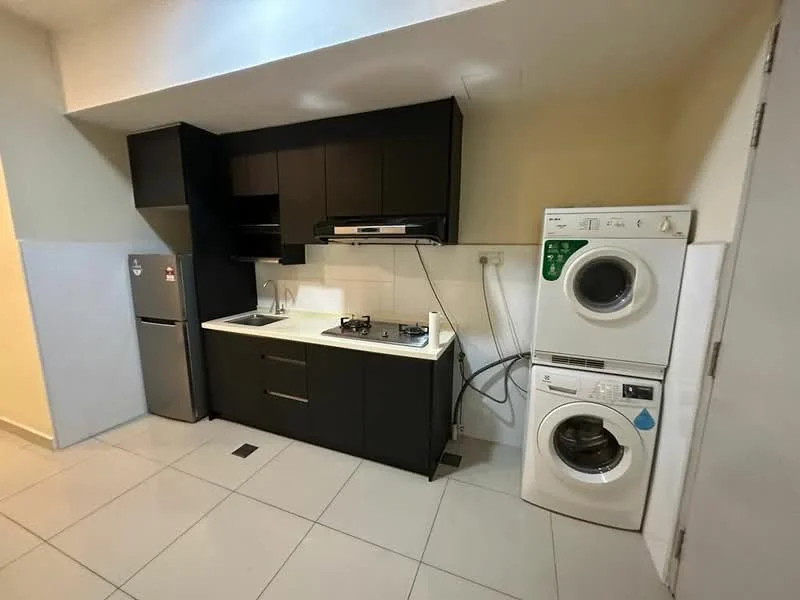 Kitchen features: black cabinetry, white countertop, stainless-steel fridge, built-in oven, 4-burner gas hob, stainless-steel range hood, single-bowl stainless-steel sink, washing machine, tumble dryer, ceramic tile flooring, white tiled backsplash, wall-mounted cabinets, under-cabinet lighting; style: modern.