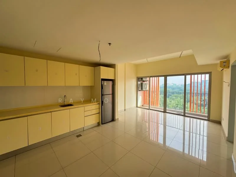 Kitchen features: yellow cabinetry, stainless-steel fridge, white countertop, ceramic tile flooring, floor-to-ceiling windows, sliding glass door, wall-mounted split AC, open layout, neutral wall color, recessed downlights; style: modern; view: city.