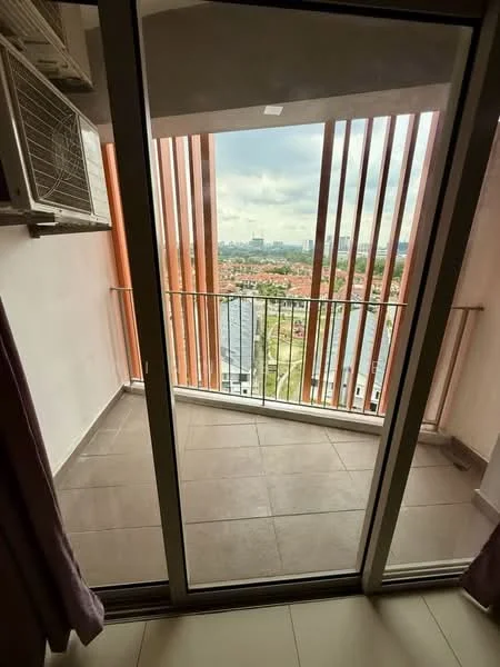 Balcony features: sliding glass door, floor-to-ceiling windows, ceramic tile flooring, metal railing, vertical slatted privacy screens, city view, air conditioning unit, curtains; style: modern; view: city.