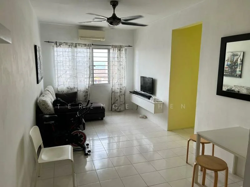 Living features: white painted walls, glossy white tile flooring, 5-blade ceiling fan with light, floor-to-ceiling window, sheer curtains, black leather sofa, wall-mounted TV, small white dining table, two wooden stools, exercise bike, decorative mirror; style: modern; view: city.