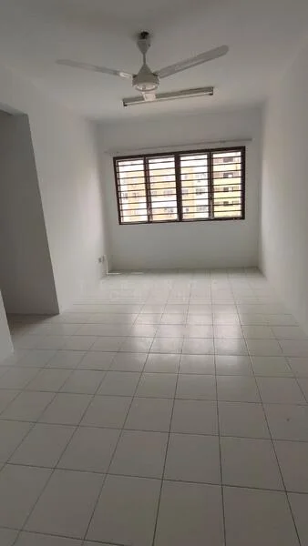 Room features: white painted walls, white ceiling, ceiling fan, tile flooring, large windows with horizontal slats, natural light from windows; style: minimalist.
