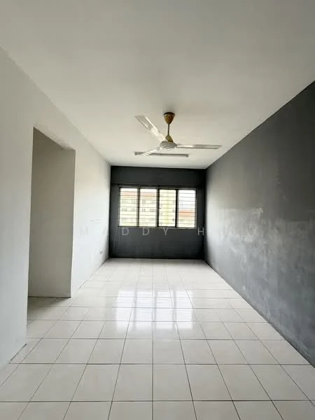 Room features: white painted walls, grey accent wall, glossy white tile flooring, 5-blade ceiling fan, window with multiple panes, natural light from window, plain ceiling, no visible furniture; style: minimalist.