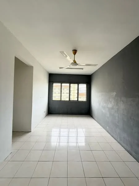 Room features: white painted walls, grey accent wall, glossy white tile flooring, 5-blade ceiling fan, window with multiple panes, natural light from window; style: minimalist; view: city.