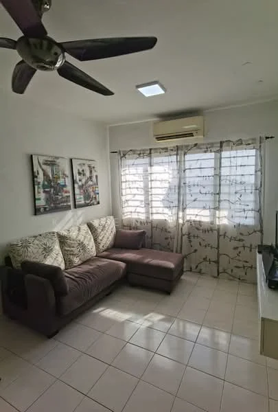 Living features: 3-seater fabric sofa in brown, L-shape sectional sofa, ceiling fan, recessed downlight, floor-to-ceiling windows, sheer curtains, wall-mounted TV, tile flooring, air conditioning unit, framed artwork on walls; style: modern.