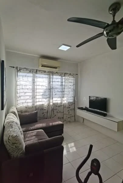 Living features: 3-seater fabric sofa in light grey, 2-seater fabric sofa in dark grey, wall-mounted TV, white TV console, ceiling fan, window with sheer curtains, air conditioning unit, tile flooring, decorative wall with light-colored paint, light fixture in ceiling; style: modern.