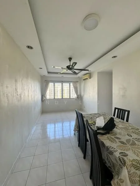 Dining features: white painted walls, glossy white tile flooring, 5-blade ceiling fan with light, recessed downlights, floor-to-ceiling windows, sheer curtains, dining table with floral pattern tablecloth, black dining chairs, air conditioning unit; style: modern.