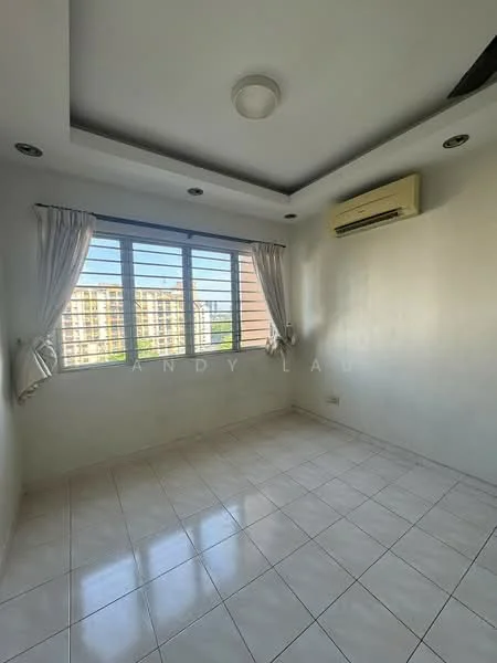 Room features: white painted walls, flat ceiling with recessed lighting, tile flooring, floor-to-ceiling windows, sheer curtains, wall-mounted split AC, natural light from window, no visible furniture; style: modern; view: city.