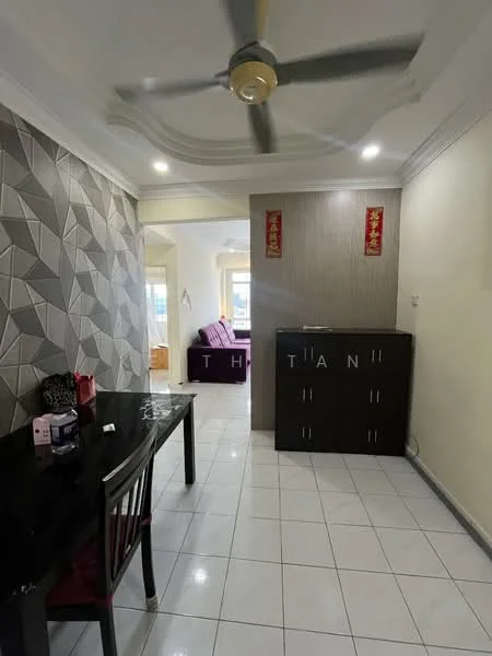 Room features: white tiled flooring, grey geometric accent wall, cream painted walls, ceiling fan, recessed downlights, dining table with black chairs, dark wood cabinet, decorative wall art, window with natural light; style: modern.