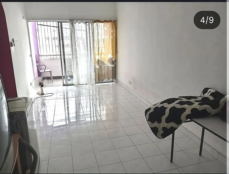 Living features: white painted walls, glossy white tile flooring, floor-to-ceiling windows, sliding glass door, sheer curtains, ceiling fan, table, blanket on table, chair, wall-mounted TV, decorative wall with maroon accent; style: minimalist.