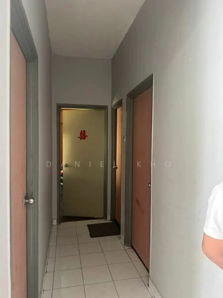 Hallway features: grey painted walls, white tiled flooring, wooden doors with brown finish, door frames with grey finish, decorative wall art, mat at entrance, light fixture on ceiling.