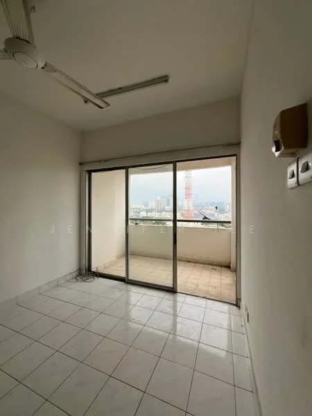 Room features: white painted walls, tiled flooring, sliding glass door, floor-to-ceiling windows, ceiling fan, balcony view, city skyline view; view: city.