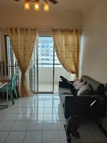 Living features: sofa in grey, floor-to-ceiling windows, sheer curtains, white walls, tile flooring, ceiling fan with light, decorative pillows, dining table with chairs, exercise bike; style: modern; view: city.