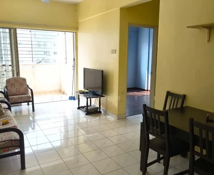 Living features: white painted walls, glossy tile flooring, floor-to-ceiling windows, sliding glass door, TV console, wall-mounted TV, 2-seater fabric sofa, coffee table, dining table with chairs, natural light from windows; style: modern; view: city. Room features: wooden flooring.