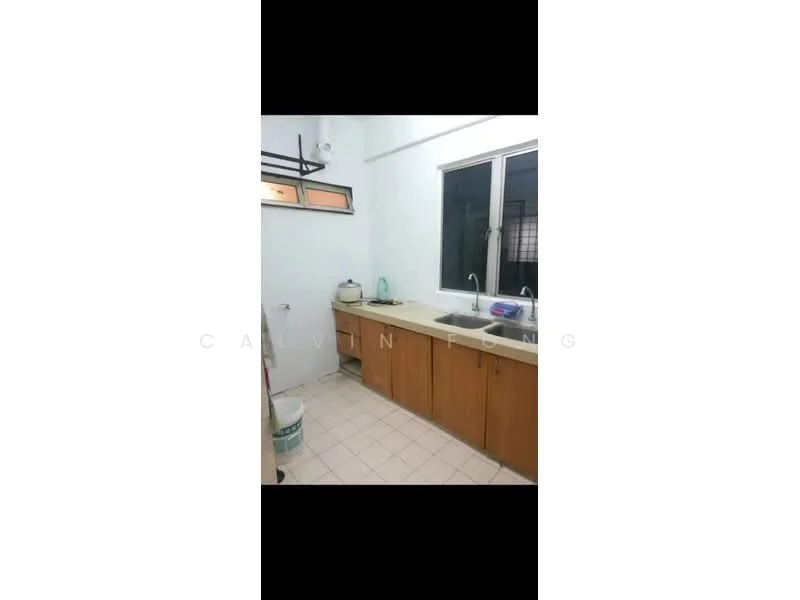 Kitchen features: white painted walls, tile flooring, wood cabinetry, double-bowl stainless-steel sink, chrome pull-down faucet, window above sink, countertop space, kitchen appliances visible.