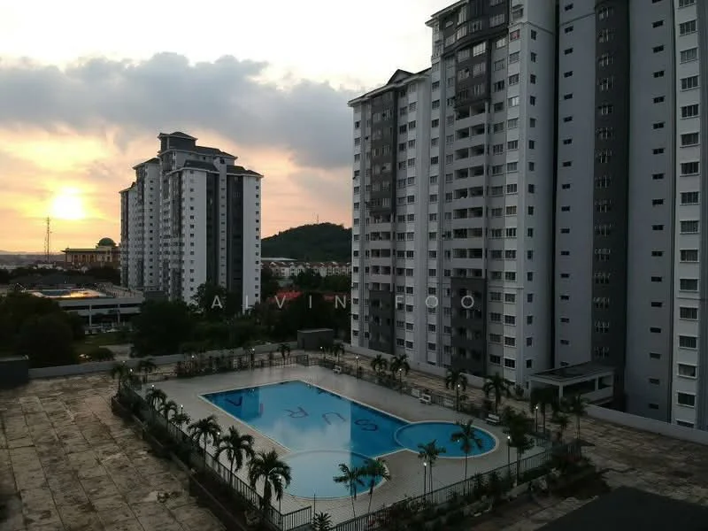Exterior type: high-rise condominium; features: swimming pool, pool deck with loungers, surrounding palm trees, manicured landscaping, multiple high-rise buildings, sunset view, fenced pool area, parking area visible; style: modern.
